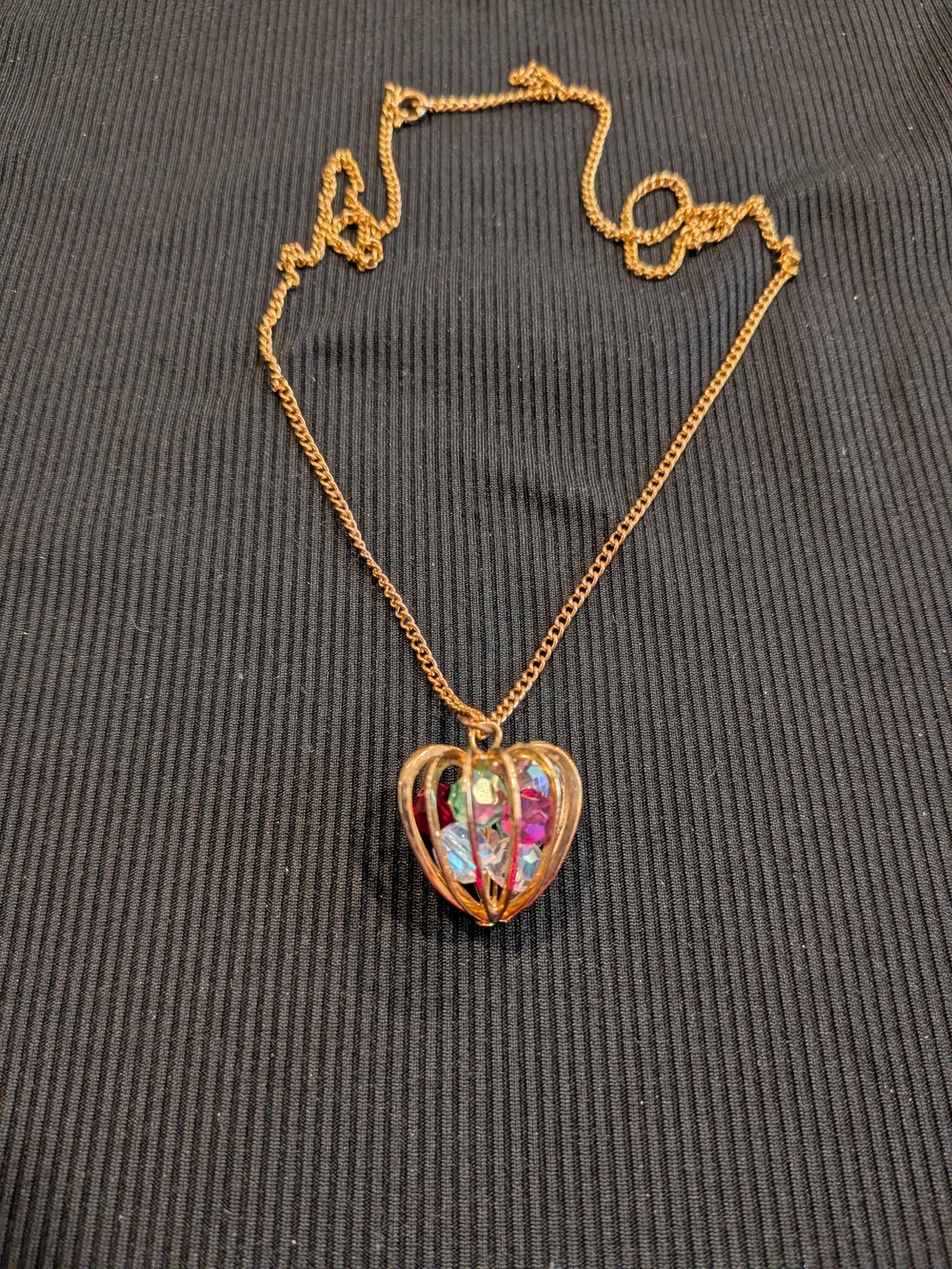 B#4: Gold Heart Cage Pendant Chain 14" Gold Tone with Multicolor Gem